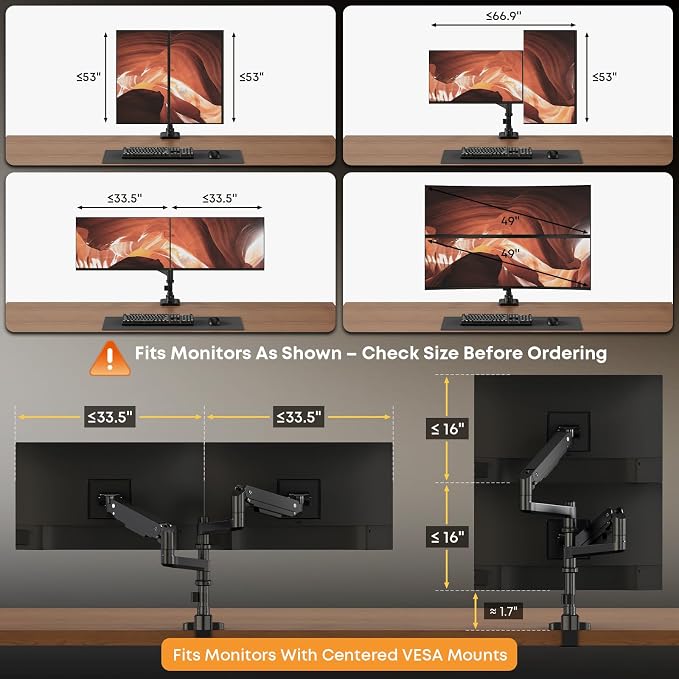 PUTORSEN 17-49 inch Premium Aluminum Heavy Duty Dual Monitor Arm for Ultrawide Screens up to 44lbs, Vertical Stacked Dual Monitor Desk Mount, Full Motion Dual Vertical Monitor Mount, VESA 75/100,Black | Stability, Adjustability, Easy Steup, Vertical, S... - Image 2