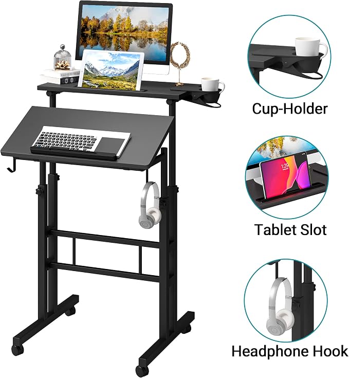 Klvied Adjustable Height Standing Desk with Cup Holder, Portable and Easy to Move, Ideal for Home or Office, Black - Image 6