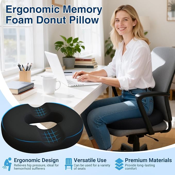 Donut Seat Cushion, Hemorrhoid Pillow, Office Chair Cushion, Black, X-Large | Ergonomic Design, Breathable Cover, for Tailbone Pain, Hemorrhoids & Long Sitting Hours, for Home & Office, - Image 8