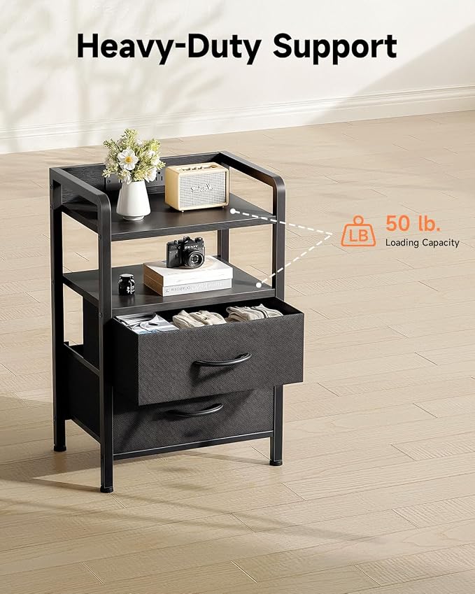 Lazzanto Nightstand with Rear Charging Station, LED Light, 2 Drawers, Black | Industrial Nightstand, 2 USB-A Ports & AC Outlets, Raised Back Guard, Fabric Storage Drawers, Bedside Table for Bedroom, Dorm - Image 7