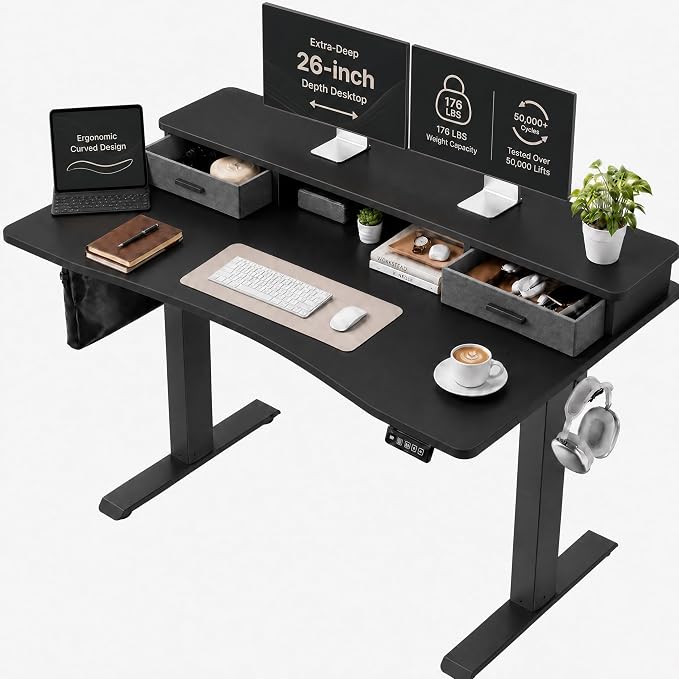 Grandder Electric Standing Desk with Two Drawers, Curved Sit to Stand Up Height Adjustable Desk with Storage Shelf for Home Office, 55 * 26 Inch, Study, Ergonomic Adjustable Computer Desk, Black by Grandder