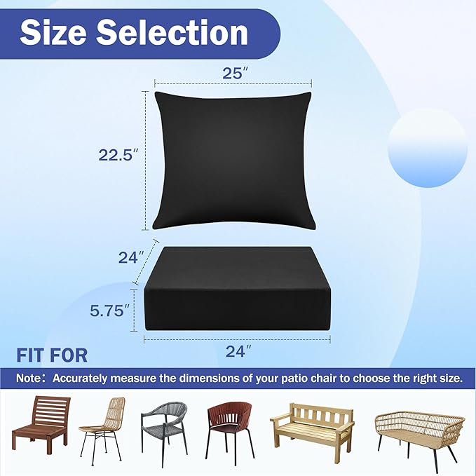 Outdoor Chair Cushions, 24 x 24 Inch Outdoor Cushion for Patio Furniture, Patio Chair Cushion, Waterproof & Fade Resistant Deep Patio Furniture Cushions Set with Handle and Ties, Black (Set of 6) - Image 2