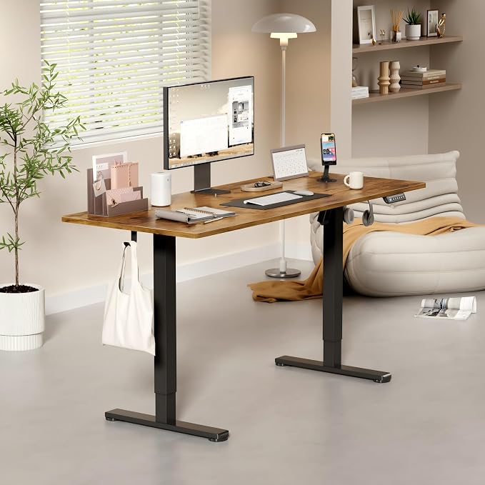 YESHOMY Height Adjustable Electric Standing Desk, 55 x 24 Inches Memory Home Office Sit Stand up Desk with Phone Holder and USB Charging Port, Rustic Brown - Image 4