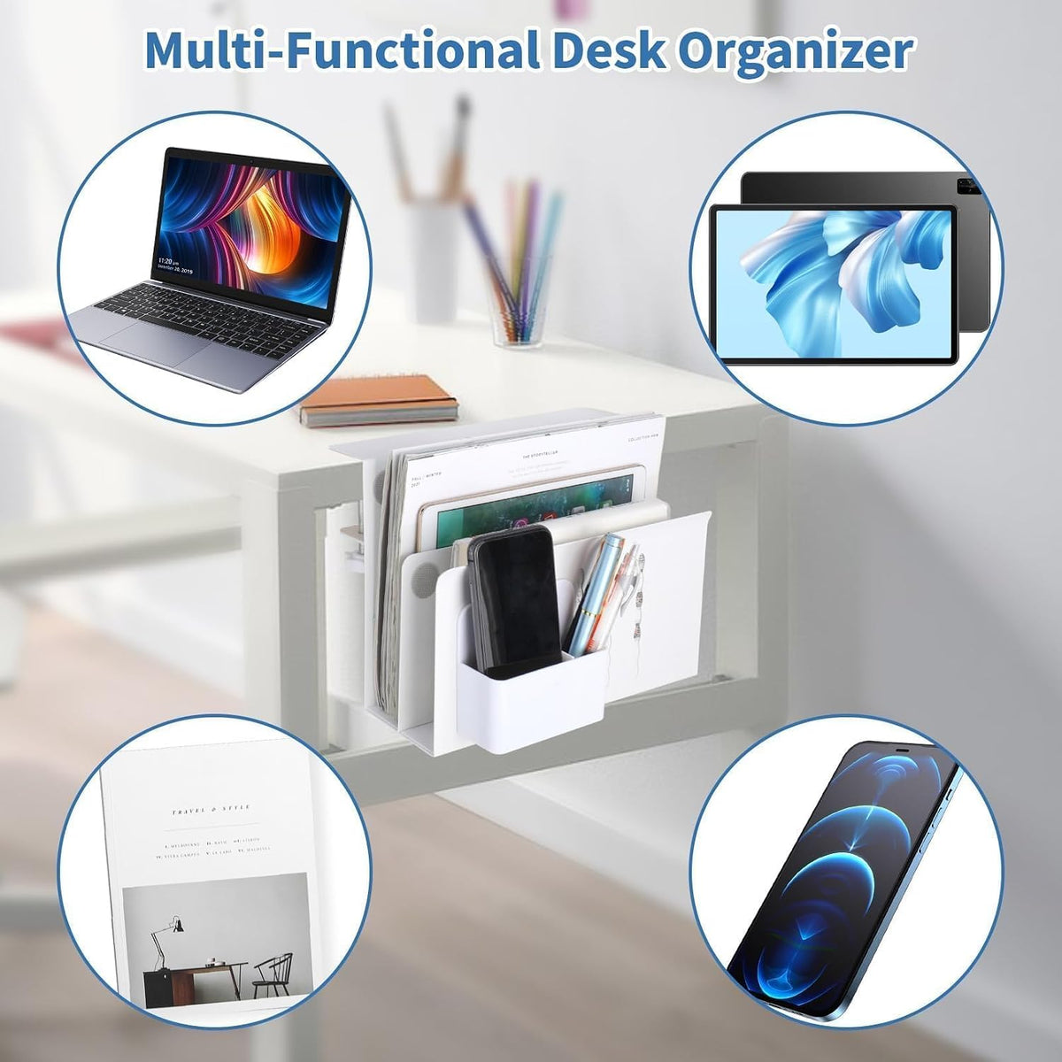 2 Tie Desk Side Storage, Under Desk Laptop Holder, White - Image 7