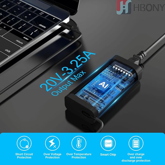 HBONY 65W USB Type C Charger Compatible with Dell Laptop Latitude 5540 5440 7440 5450 e5430 5430 5530 7430 3450 5550 5350 7450 5420 7420 5520 e5440 Power Cord, XPS 13 Computer AC Adapter - Image 4