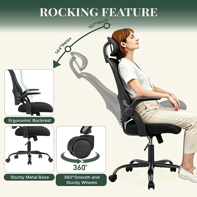 Ergonomic Desk Chair Comfy, Mesh Office Chair, for Home Office | Adjustable Headrests, Flip-up Arms, Breathable Mesh High-Back, Swivel Wheels, for Adults, Black - Image 6