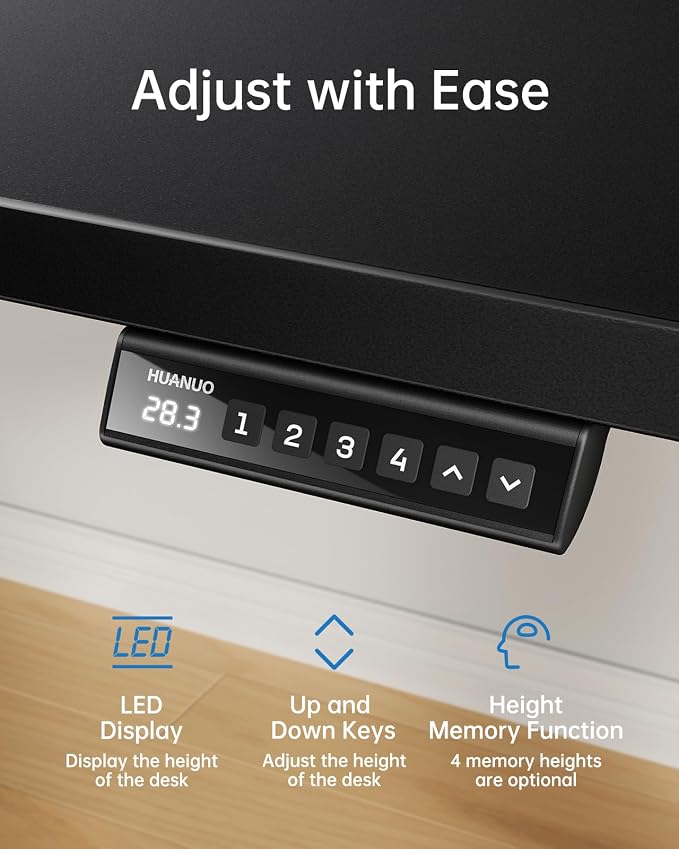 HUANUO Electric Standing Desk, Whole Piece Desktop, Adjustable Height Computer Desk, 4 Height Memory Settings, Sit Stand Up Desk for Home Office, 55" x 27", Black - Image 7
