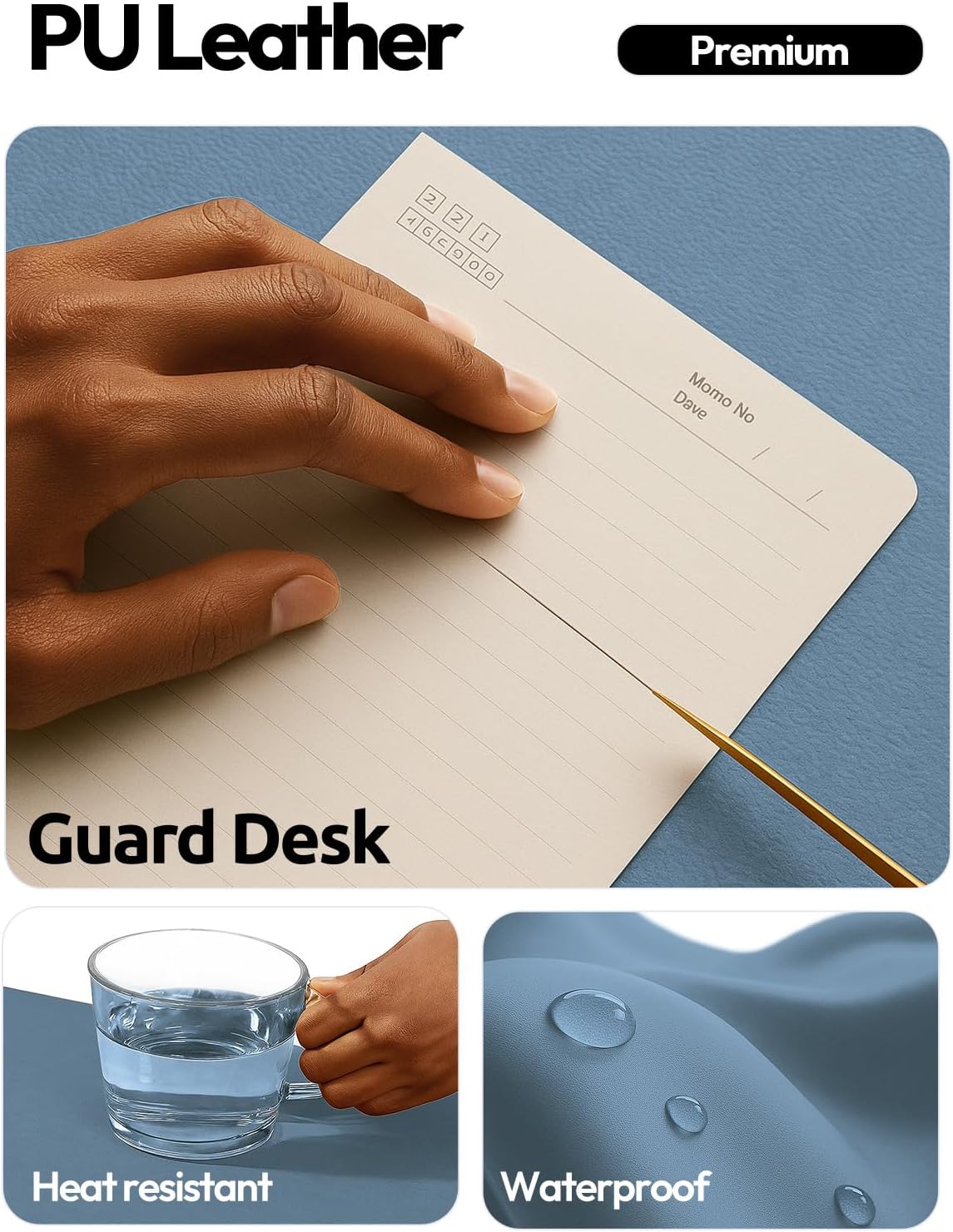 YSAGi Leather Desk Pad Protector, Office Desk Mat, Large Mouse Pad, Non-Slip PU Leather Desk Blotter, Laptop Desk Pad, Waterproof Desk Writing Pad for Office and Home (Blue, 47" x 17") - Image 3
