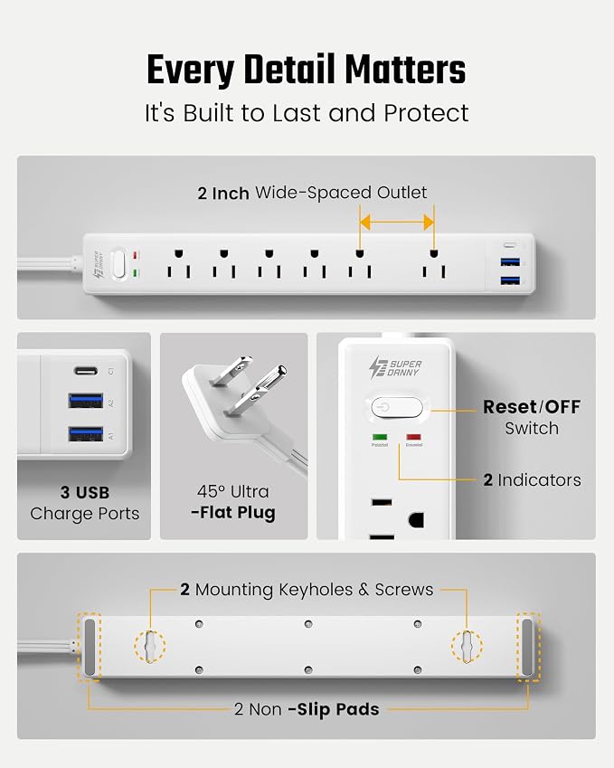 10Ft Extension Cord with Multiple Outlets, SUPERDANNY Flat Plug Surge Protector Power Strip 10 Ft Long Cord, 6 Outlets & 3 USB Ports, Charging Station for Home Office, College Dorm Room Essentials - Image 8