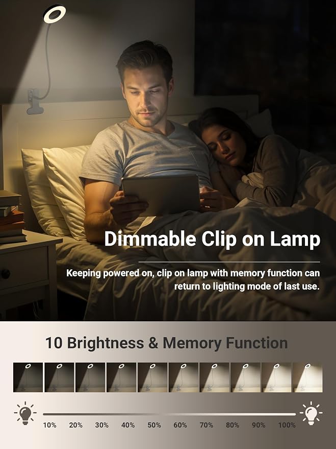 Clip on Lamp,5 Colors+10 Brightness Memory LED Desk Lamp with Clamp Light | 550lm Bright Clip on Light for Bed Headboard/Bedside Table,360° Adjustable Reading Light for Bed/Dorm/Nail/Puzzle,USB Adapter - Image 3