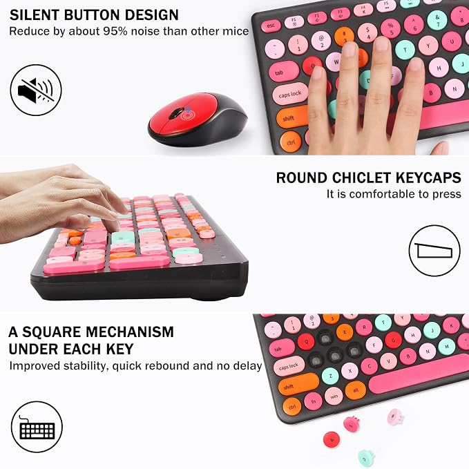 Wireless Keyboard and Mouse Combo, Retro Typewriter Keyboard with Round Keycaps, 2.4GHz USB Cute Wireless Keyboard Mouse for Computer, Desktop, Laptop and Computer (Black-Colorful) - Image 4