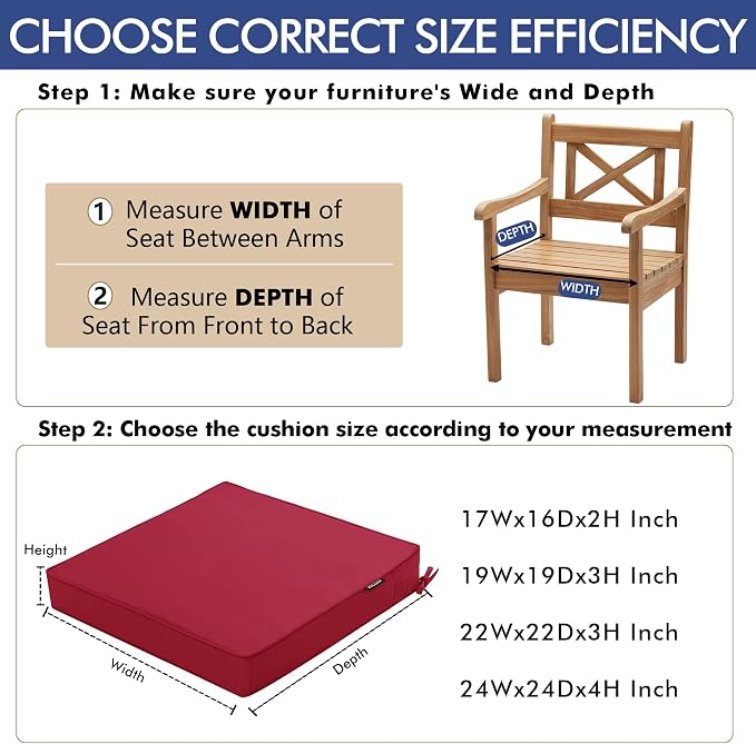 Outdoor Chair Cushions Set of 6, 16 x 17 Inch Waterproof Seat Pads | 3 Year Color Fastness Thick Patio Chair Cushion with Ties for Garden Lawn Sofa Couch, Burgundy - Image 5