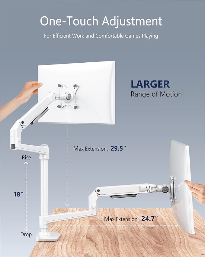 Ergounion White Monitor Arm, Vertical Stacked Stand for 2 Screens up to 40" | Solid aluminum holds 25 lbs/arm, no sagging. +90°/-25° tilt, 180° swivel, 360° rotation. VESA 75/100. With Cable management - Image 2
