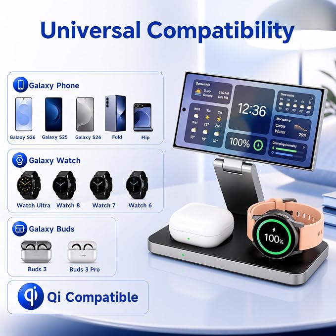 3 in 1 Foldable Magnetic Wireless Charging Station for Samsung | Fast Wireless Charger Stand for Galaxy S26 Ultra/S25/S24, Z Fold 7/Flip 7, Galaxy Watch Ultra/8/7/6, Buds 3 Pro - Image 6