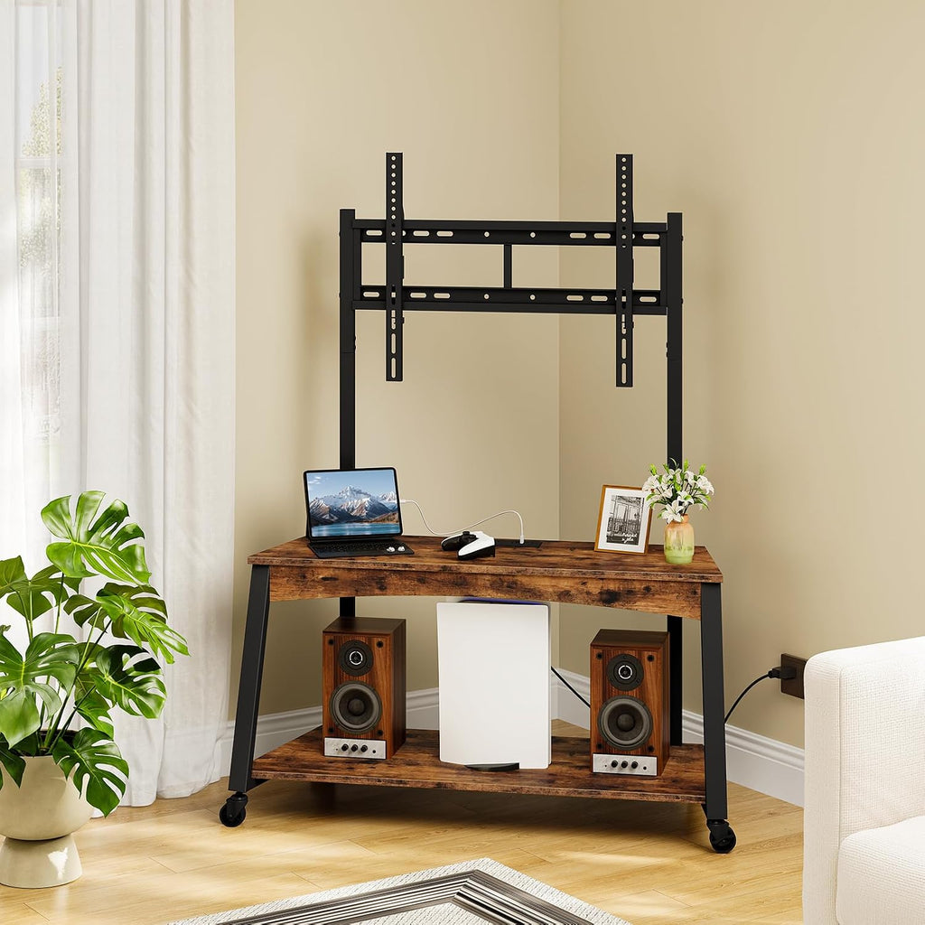 Mobile TV Stand with Charging Station and Adjustable Mount, 2-Tier Rolling TV Console Table for TVs up to 70 inch, for Living Room, Bedroom, Rustic Brown and Black TDS10UBF - Image 3