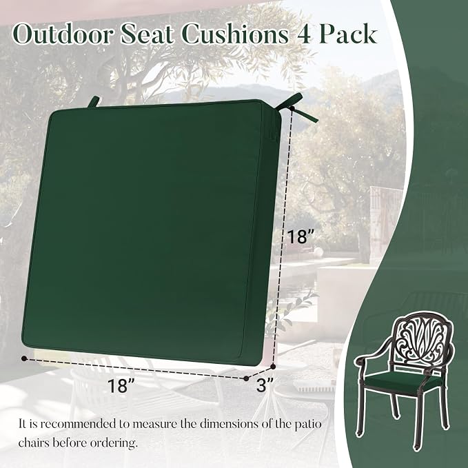 Basic Beyond Outdoor Chair Cushions for Patio Furniture, Waterproof Outdoor Seat Cushions Set of 4 18 x 18, Patio Chair Cushions Set of 4 with Ties and Handle, Forest Green - Image 6