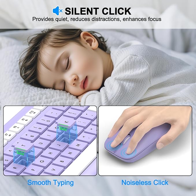 Wireless Keyboard and Mouse Combo, MK258 Full Size Silent Keyboard (Purple) | Silent for Home Office, Optical Mouse, Long Battery Life, 2.4GHz Lag-Free Cordless, for Windows/Mac OS/Desktop/Laptop/PC - Image 5