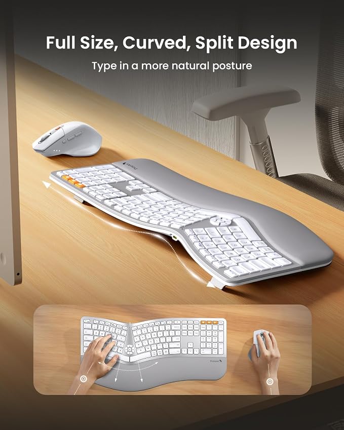 ProtoArc EKM01 Plus Wireless Ergonomic Keyboard Mouse Combo - White Silver | Full-size Split Keyboard with Cushioned Wrist Rest, Ergonomic Mouse, 3-Device Bluetooth/2.4G, USB-C Rechargeable - Image 2