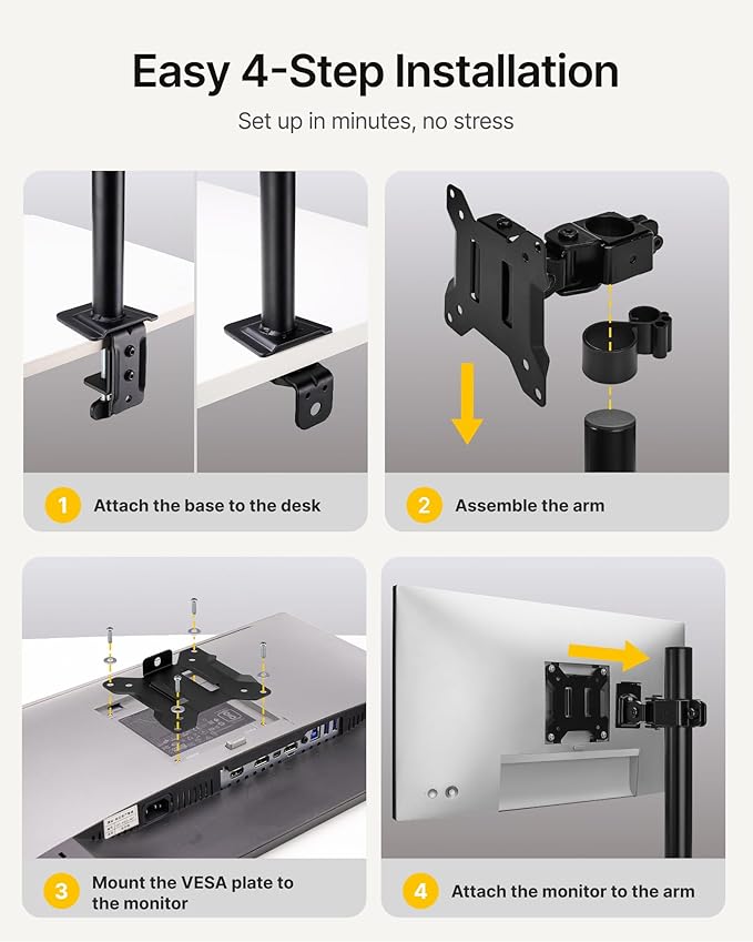 monTEK Single Monitor Stand for 17-32" Screens, 22 lbs | Single-screen desk mount, height adjustment, tilt, swivel, rotation, clamp/grommet bases and VESA 75/100 - Image 6