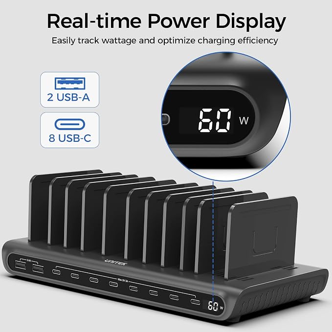 Unitek 10-Port USB-C Charging Station for Multiple Devices with LED Display | Charges 10 Devices At Once, 8 USB-C 2 USB-A Ports, Smart Power Distribution, Overload Protection, For iPhones & iPads - Image 7