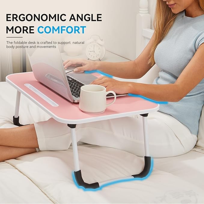 BUYIFY 23" Foldable Lap Desk for Laptop Writing w/Cup Holder Pink | Sturdy and Durable, Laptop Bed Desk with Tablet Slot, No Assembly, Space Saving for Bed Couch Dorm WFH Students - Image 3