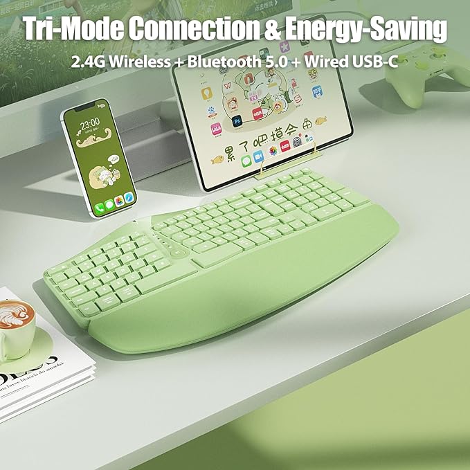 Split Ergonomic Keyboard Wireless with Cushioned Wrist & Palm Rest | Wireless 2.4G/Bluetooth/Wired USB-C, Comfortable Natural Typing, Compatible with Windows/Mac/PC/Laptop, Matcha Green - Image 4