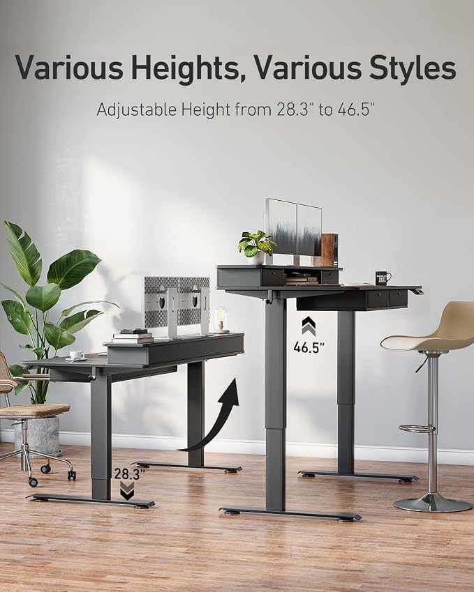 CubiCubi 48" x 24" Standing Electric Desk with Drawers, Black | Height Adjustable Workstation, Computer Sit Stand Up Office Table with Large Storage Shelf, 4 Drawers and 2 Hooks - Image 4
