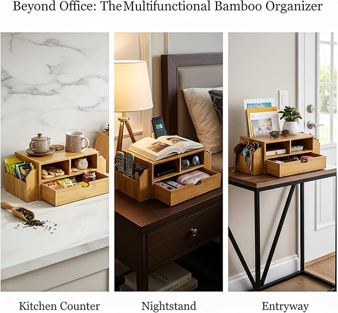 Hiceeden 2 Tier Bamboo Desktop Organizer, Desk Monitor Stand Riser with 1 Drawer and 2 Pen Holder, 2 Compartment Computer Desk Storage Organizer for Laptop, Printer - Image 9