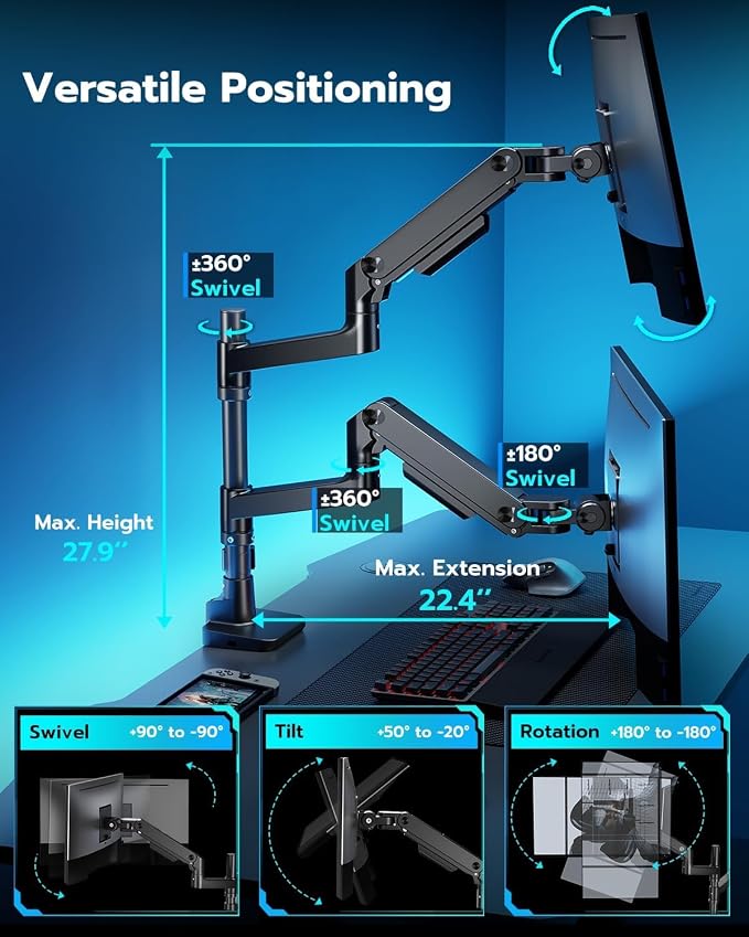 ARES WING Stack Dual Ultrawide Monitor Mount with USB A/C for 17 to 49 Inch | Pro Gas Spring, Aluminum Material, Flexible Screen Layouts, for 75/100 Vesa Mount, Hold 44 Lbs Each Arm, for Samsung Monitor - Image 6
