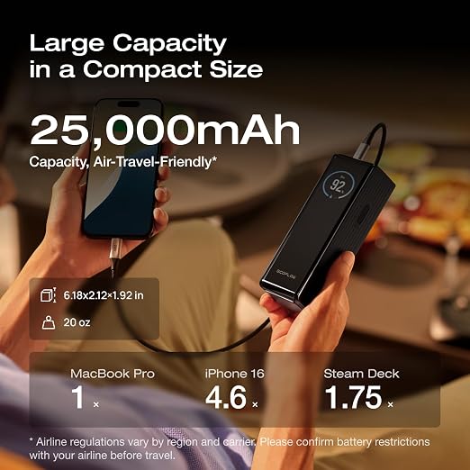 EF ECOFLOW Laptop Power Bank, 25,000mAh 170W Portable Charger with Dual 140W USB-C Ports, Smart Display, Flight-Approved for Travel, Fast Charging for iPhone 17/16 Series, MacBook, Samsung and More - Image 5