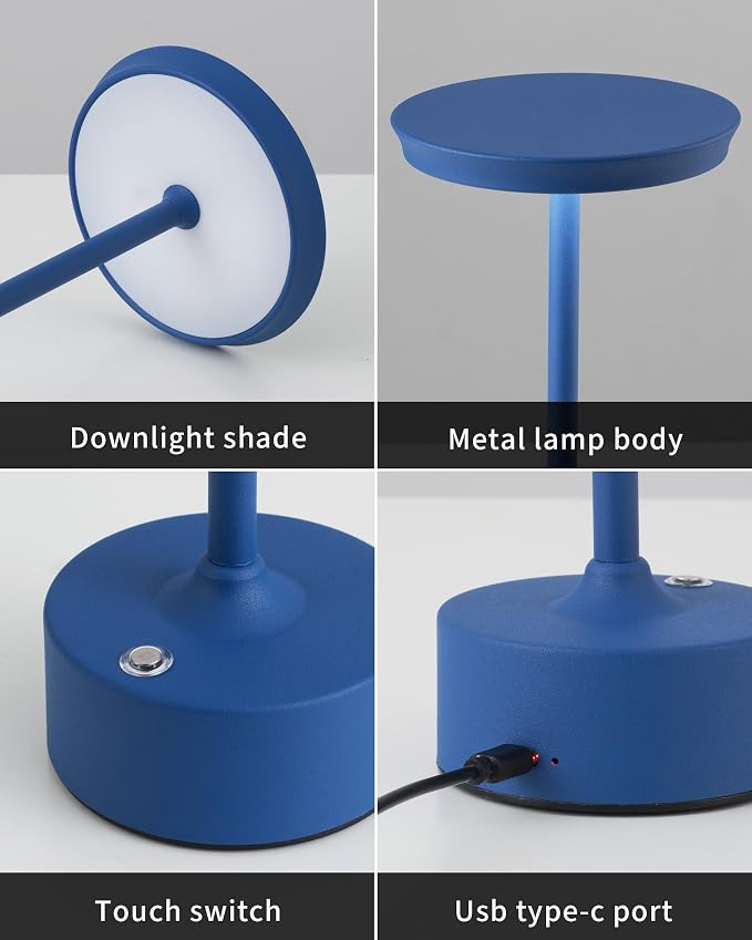 PUSU Rechargeable Table Lamps Set of 2, Blue Cordless Portable Desk Lamp | 4000mAh Battery, Stepless Dimming & 3 Color 2700K-6000K, LED Lamp for Bedroom, Living Room, Restaurant, Outdoor, Night Light - Image 8