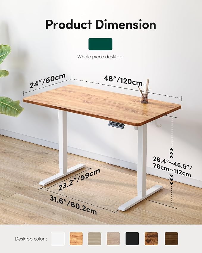 CubiCubi 48 x 24 One-Piece Electric Adjustable Standing Desk, Light Rustic | Height Adjustable Electric Large Computer Home Office Sit Stand up Workstation, with Memory Presets, Headphone Hook - Image 2