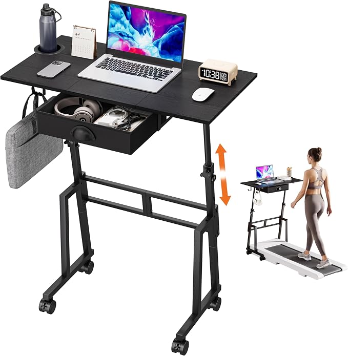 Adjustable Height Standing Desk with Drawer, Rolling Sit to Stand Up Desk | Height 31.5"-43.3" Small Mobile Laptop Standing Desk for Treadmill Walking Pad with Wheels, Movable Classroom Podium (Black) by Honkazita