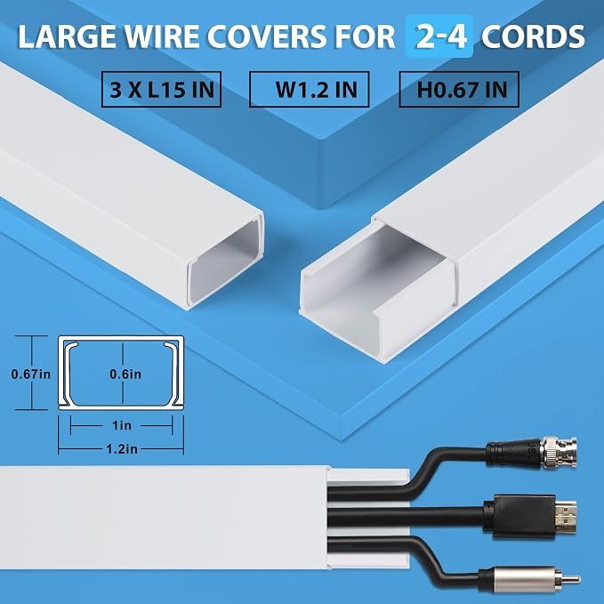 ZhiYo 45" Cord Covers for Wires on Wall, White Cord Hider, 1.2" W x 0.7" H | Fits 3-4 Cords, Premium Paintable Raceway for Wall-Mounted TV, Self-Adhesive Wire Hider for Extension Cords & Ethernet Cables - Image 2