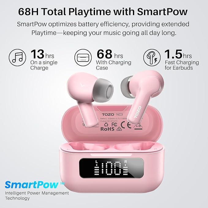 TOZO Hybrid Active Noise Cancelling in Ear Wireless Earbuds, 68H Playtime | 6 Mics AI Clear Calls, LED Display, 32 Preset EQs App, Bluetooth 5.3 Headphones, IPX8 Waterproof, Comfort Fit Ear Buds Pink - Image 4