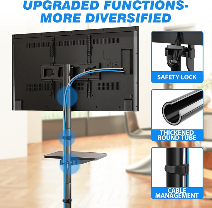 Rfiver Mobile TV Stand for 23-65 Inch Flat/Curved TVs up to 88 lbs Black | Rolling TV Stand with Adjustable Shelf & Tilt, Portable Floor Stand on Wheels for Bedroom, Living Room, Max VESA 400x400mm - Image 6