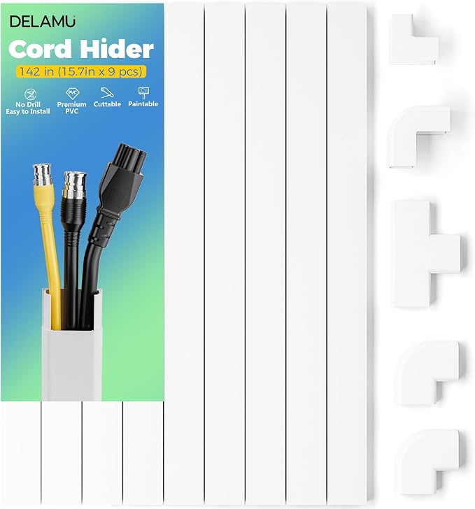 Delamu Cord Hider Cover, 142in TV Cable Concealer Kit for Wall Mounted TV with Management 2-3 Wires, Paintable Cable Cover for Floor, Easy Install, W 0.94 H 0.47in, White by DELAMU