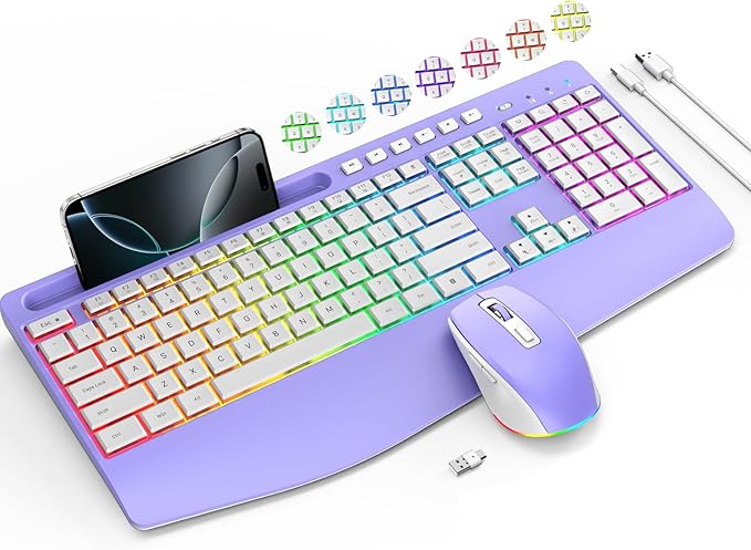 Wireless Keyboard and Mouse Combo- VEILZOR 2.4G Rechargeable Keyboard with Phone Holder, Ergonomic Wrist Rest, 9 RGB Backlit Effects, Silent Keyboard Mouse Set for Windows, Laptop, PC | 2.4G Wireless Light Up Keyboard Set, Phone Holder, Wrist Rest, 9 R... by VEILZOR