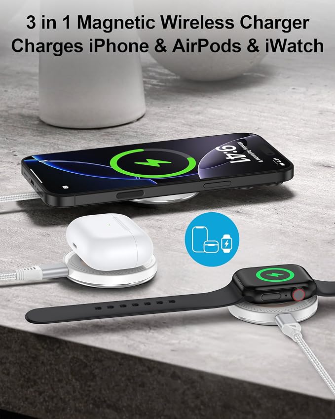 Magsafe Charger for iPhone 17, Magnetic Wireless Charger Fast Charging Pad | iPhone 17 Pro Max, 17Pro Air 16Pro Max 16 15 14, Apple Watch Airpods, Mag safe Charging Station with Stand & USB-C Block - Image 5