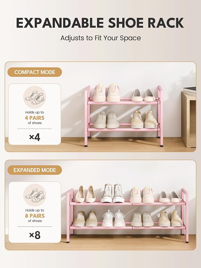 Bumusty 2 Tier Expandable Shoe Rack for Closet, Pink | 18"-33" Adjustable Shoe Rack for Entryway, Small Shoe Organizer for Dorm, Front Door, Sturdy Metal - Image 6