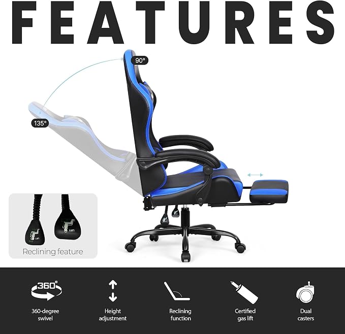 N-GEN GAMING Gaming Chair with Footrest, Lumbar Support, High-Back, Blue | Reclining Backrest, Linkage Armrests, Durable PU Leather, Adjustable Comfort for Extended Computer, Desk, or Home Office Use - Image 5