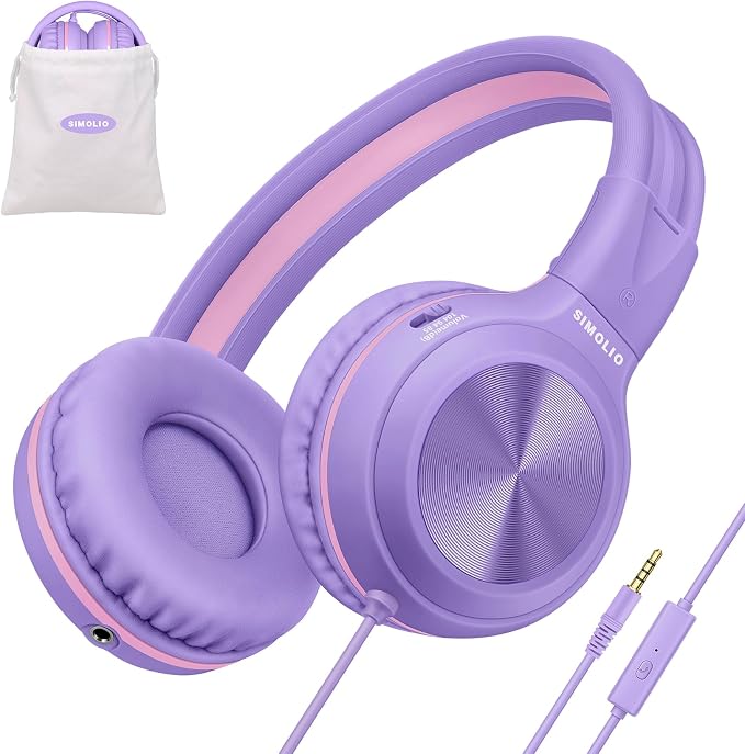 SIMOLIO Manyshare Series- Wired Headphones for Kids, Girls School Headphone with Microphone & Share Port & Volume Limit, Foldable Durable Over Ear Headsets for Tablet Travel Airplane Teens (Purple) by SIMOLIO