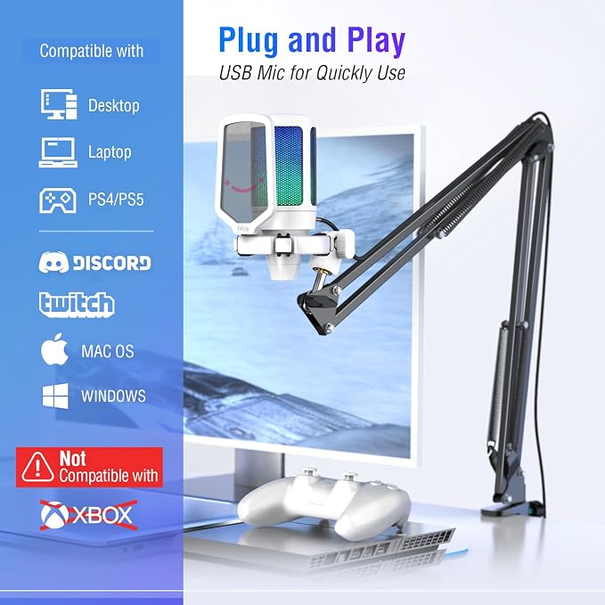 FIFINE A6TW Gaming USB Microphone Kit, RGB Condenser Mic for PC Streaming | Mute Button, Gain Knob, Cardioid pickup, Plug & Play for PS5/Mac/Windows, Boom Arm & Pop Filter, for Discord Twitch Podcasts - Image 5