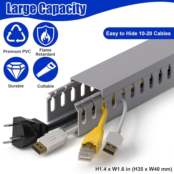 1.4"H x 1.6"W Cable Raceway, 99in Under Desk Wire Management Channel, Grey | Slotted Wire Duct, 6Pack, 16.5in Each, Heavy-Duty PVC Cable Management for Server Racks, Network Cables & Electrical Cabinets - Image 3