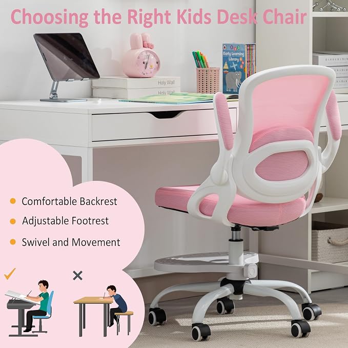 Kids Desk Chair,Ergonomic Study Chair with Adjustable Height,Swivel Mesh Desk Chair with Wheels,Home Office Chair for Children in Home Bedroom Pink - Image 4