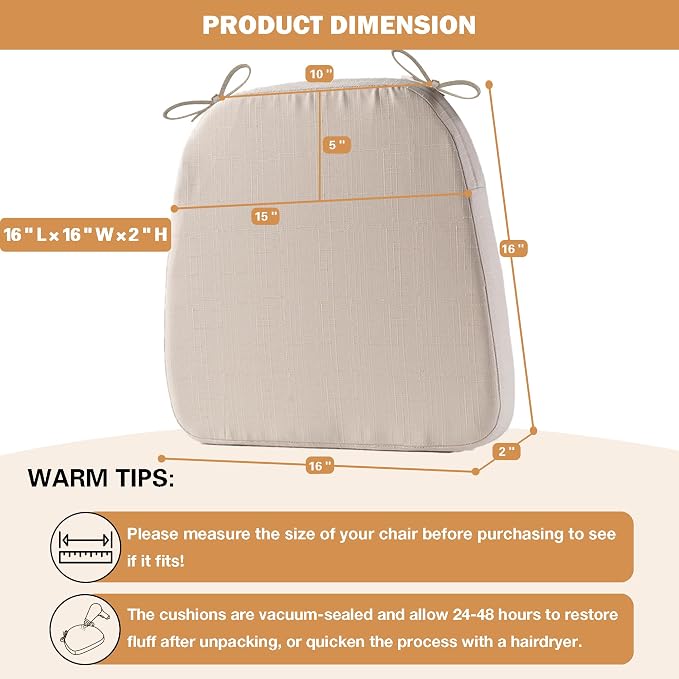 Battilo Chair Cushions for Dining Chairs with Ties, Indoor/Outdoor Kitchen Chair Pad with Non-Slip Backing, Dining Seat Cushion with Machine Washable Removable Cover, 16"x16"x2", Set of 2, Beige - Image 3