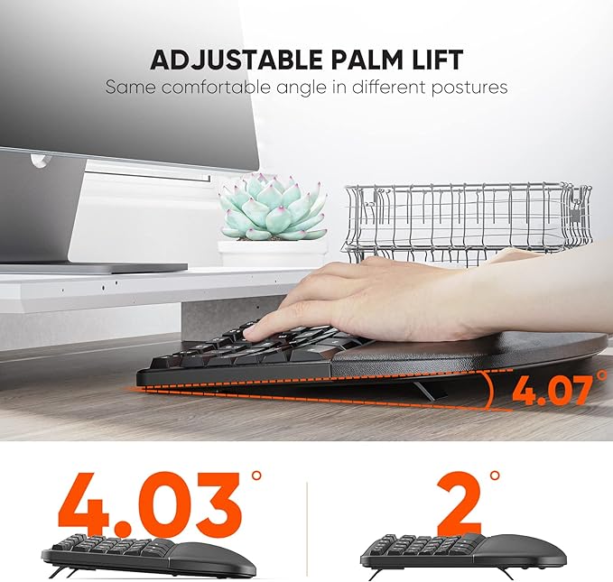 MEETION Ergonomic Keyboard and Mouse Combo, Split Design, Vertical Mouse | Rechargeable full-size keyboard with cushioned wrist rest, 2.4GHz USB receiver, natural typing, for Windows, Mac, PC, laptop - Image 4
