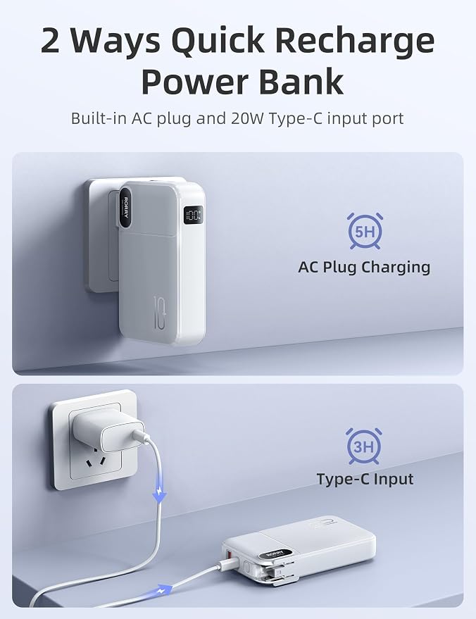 RORRY Portable Charger w/Wall Plug 10000mAh Power Bank 22.5W Battery Pack | Built in Cables, Fast Charging, for iPhone, iPad, Samsung Galaxy, Pixel, LG, Travel Essential, Digital Display, Pocket Size - Image 8