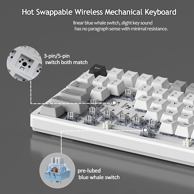 MageGee LIGHT100 Wireless Creamy Keyboard, Gasket Structure Hot Swappable, Tri-Mode 2.4G/USB-C/BT5.0 RGB Backlit Mechanical Gaming Keyboard for Win/Mac/PC, PBT Keycap, 4000mAh Battery, Grey - Image 8