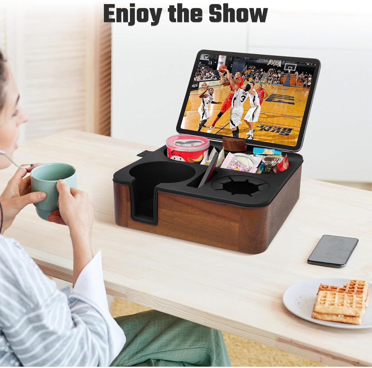 Couch Cup Holder Tray, Real Acacia Wooden Caddy with Soft Silicone, Snack and Drink Organizer- Perfect Movie Night Accessories for Bed, Remote and Cup Holders for Sofa (Black) - Image 5